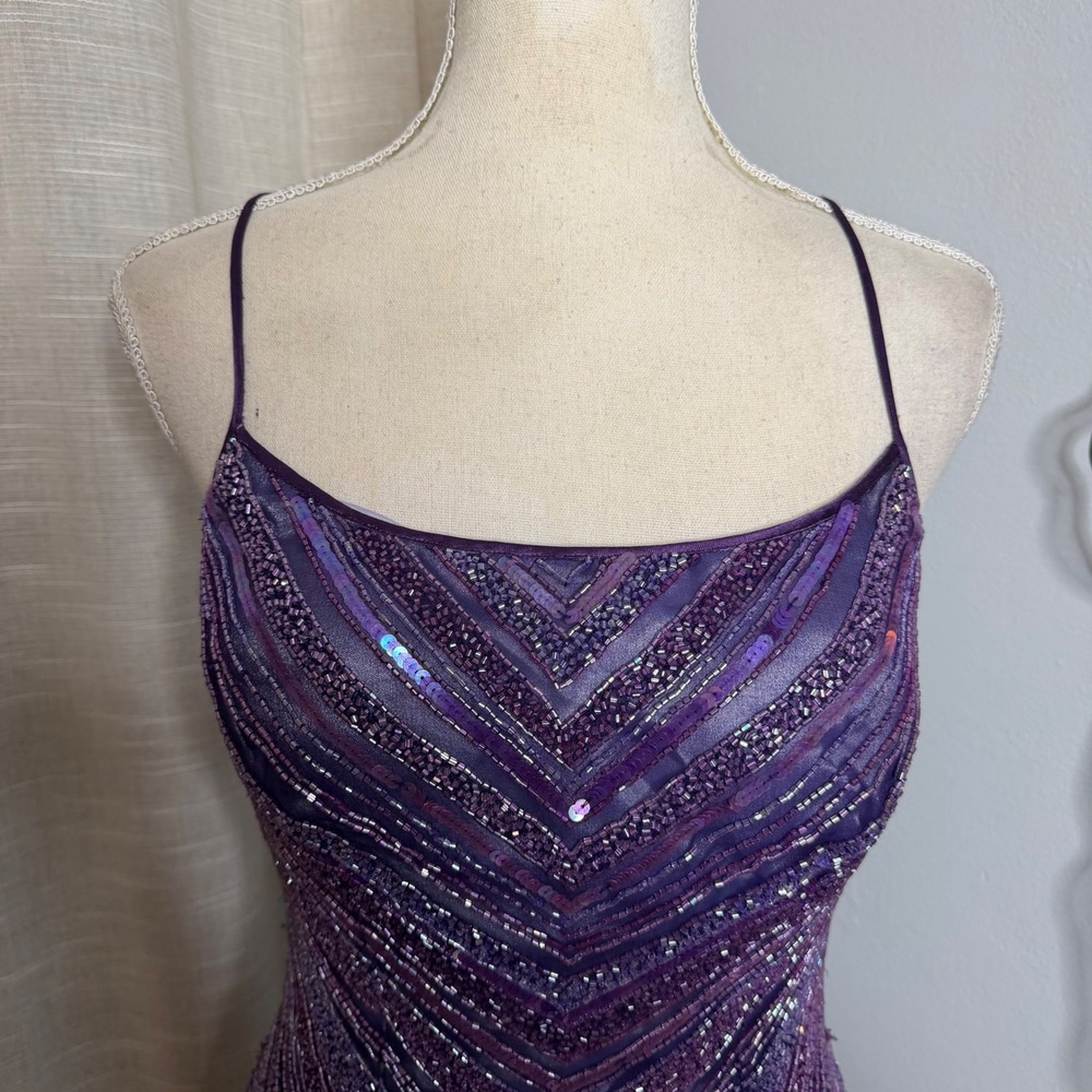 Vintage Y2K Scala Glass Beaded Silk Chevron Maxi Dress Purple Gown Womens Medium - Picture 5 of 15